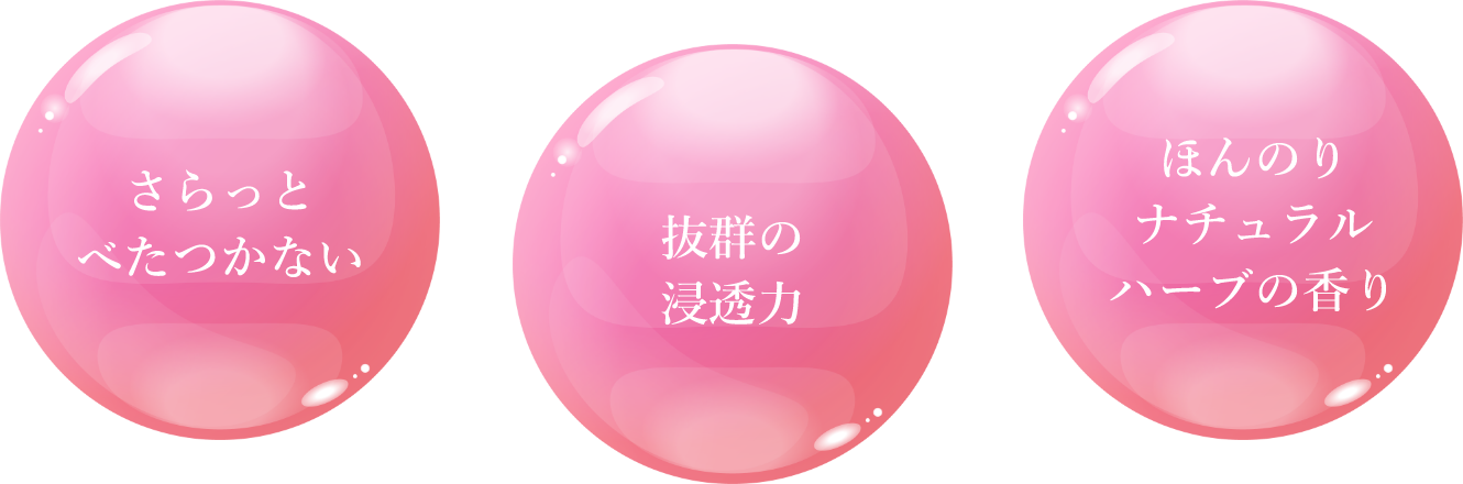 さらっとべたつかない　抜群の浸透力　ほんのりナチュラルハーブの香り