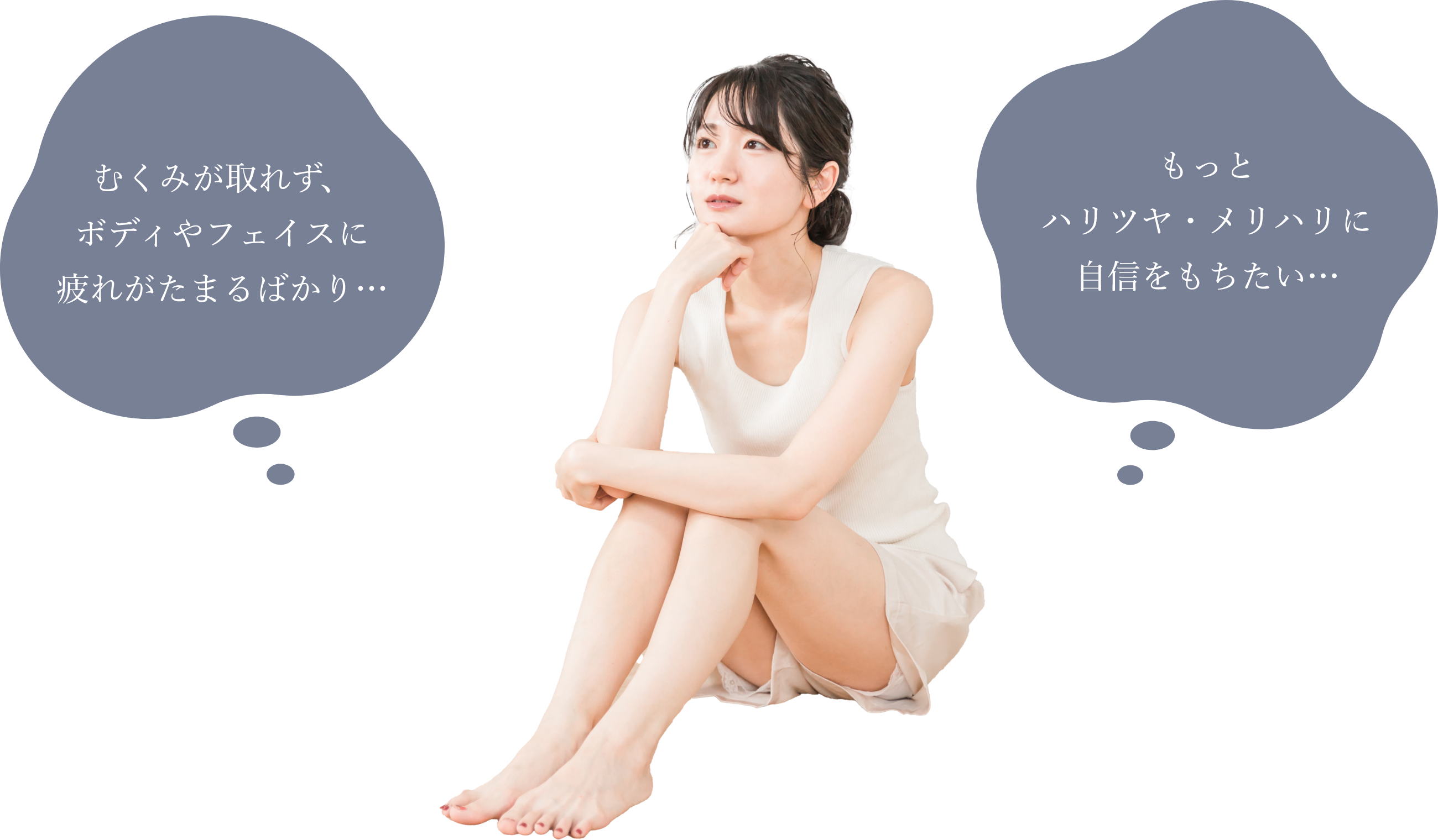 むくみが取れず、ボディやフェイスに疲れがたまるばかり…　もっとハリツヤ・メリハリに自信をもちたい…