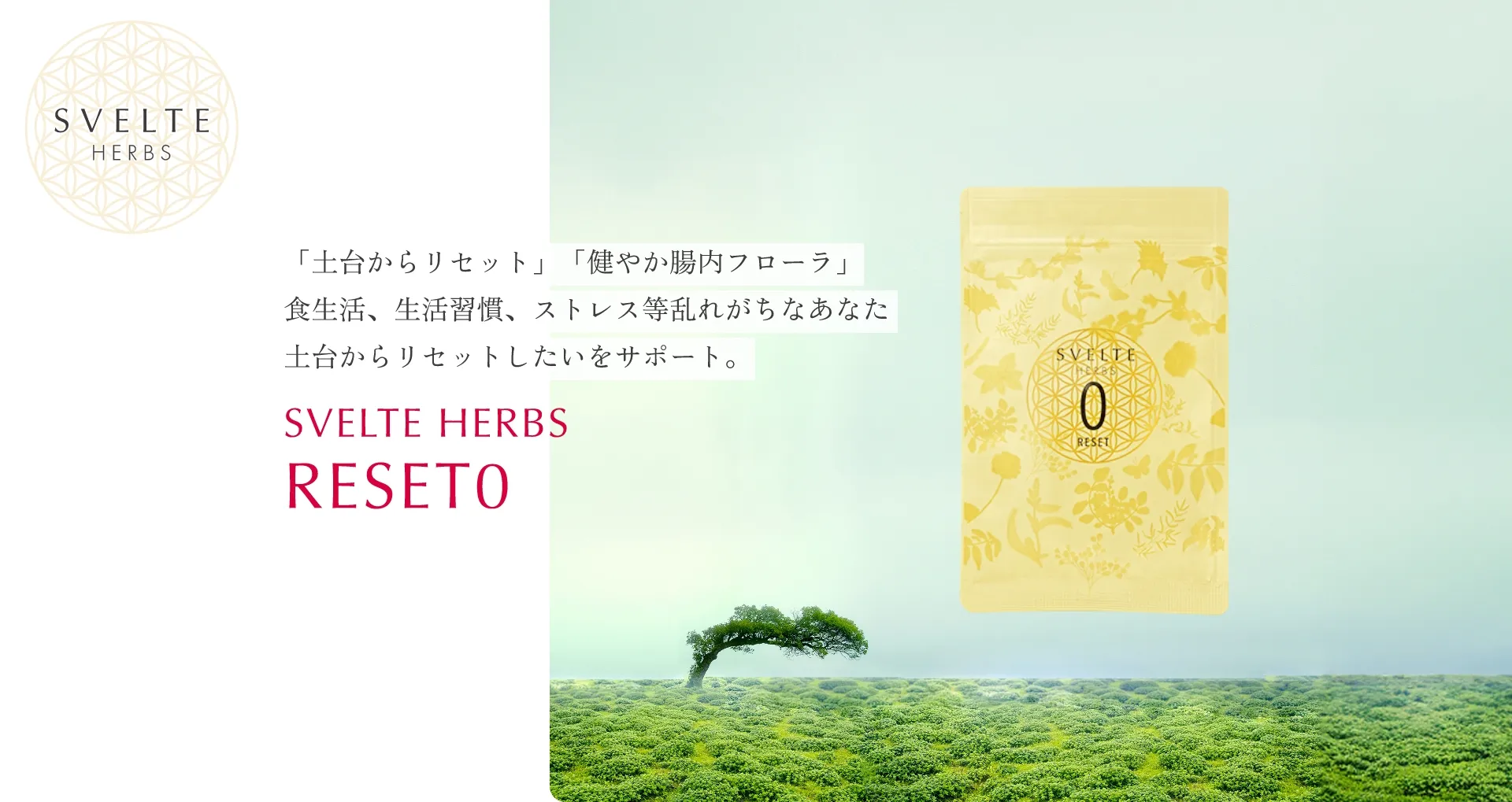 「土台からリセット」「健やか腸内フローラ」 食生活、生活習慣、ストレス等乱れがちなあなた  土台からリセットしたいをサポート。SVELTE HERBS RESET0